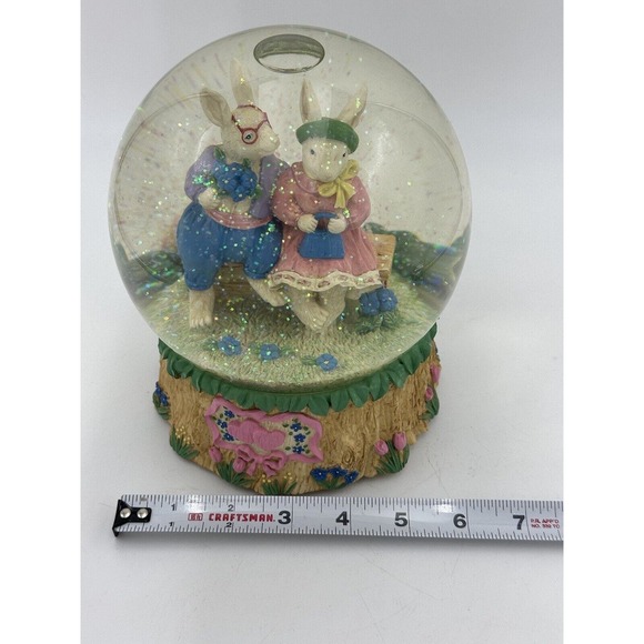Vtg Easter Musical Snowglobe Mr & Mrs Rabbit Bunny Love Works Hand Painted VIDEO - Picture 7 of 12
